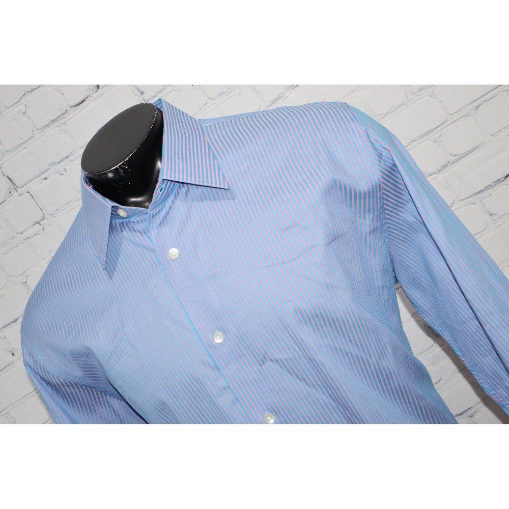 Express 1MX Shirt Mens XL Blue Pink Pinstripe Modern Fit Stretch Cotton Blend